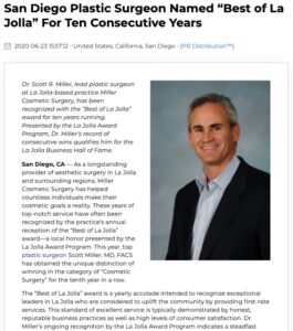 Plastic Surgeon Scott Miller, MD Wins Best of La Jolla Award For Ten Years