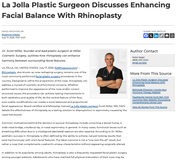 San Diego Plastic Surgeon Scott Miller MD Balances Facial Features with Rhinoplasty
