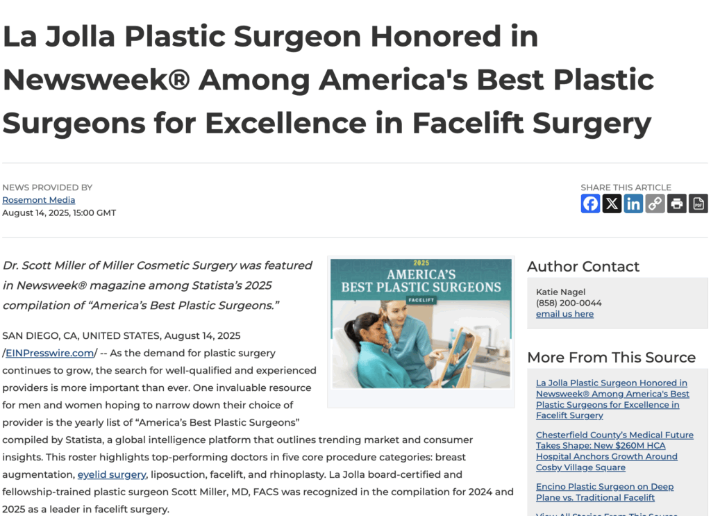 Dr Scott Miller Featured Among America’s Best Plastic Surgeons in Newsweek for 2025