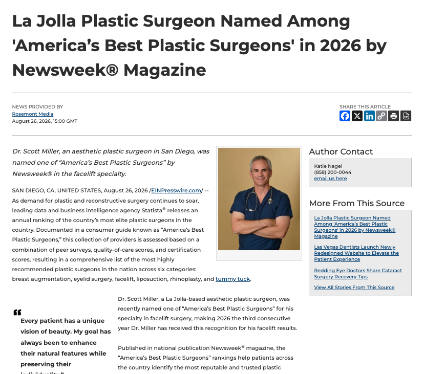 San Diego Plastic Surgeon Honored as Best Facelift Surgeon by Newsweek in 2026